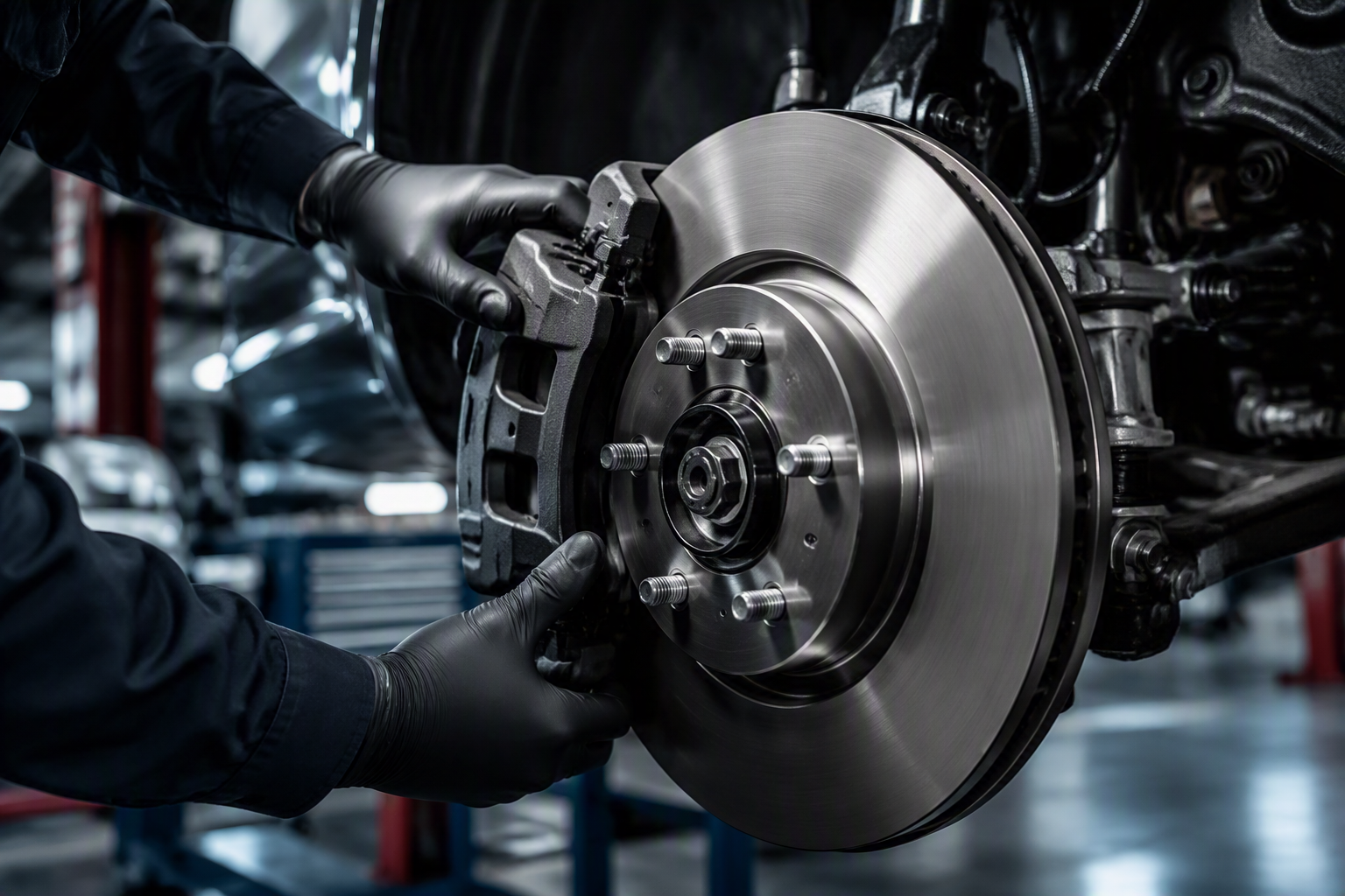 Close-up view of a brake rotor and caliper being inspected during service