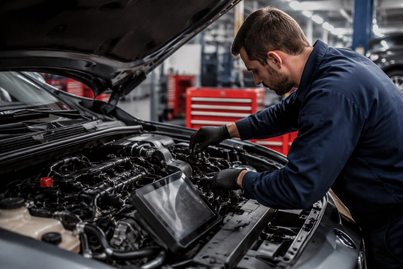 Automotive technician inspecting a vehicle engine with diagnostic equipment